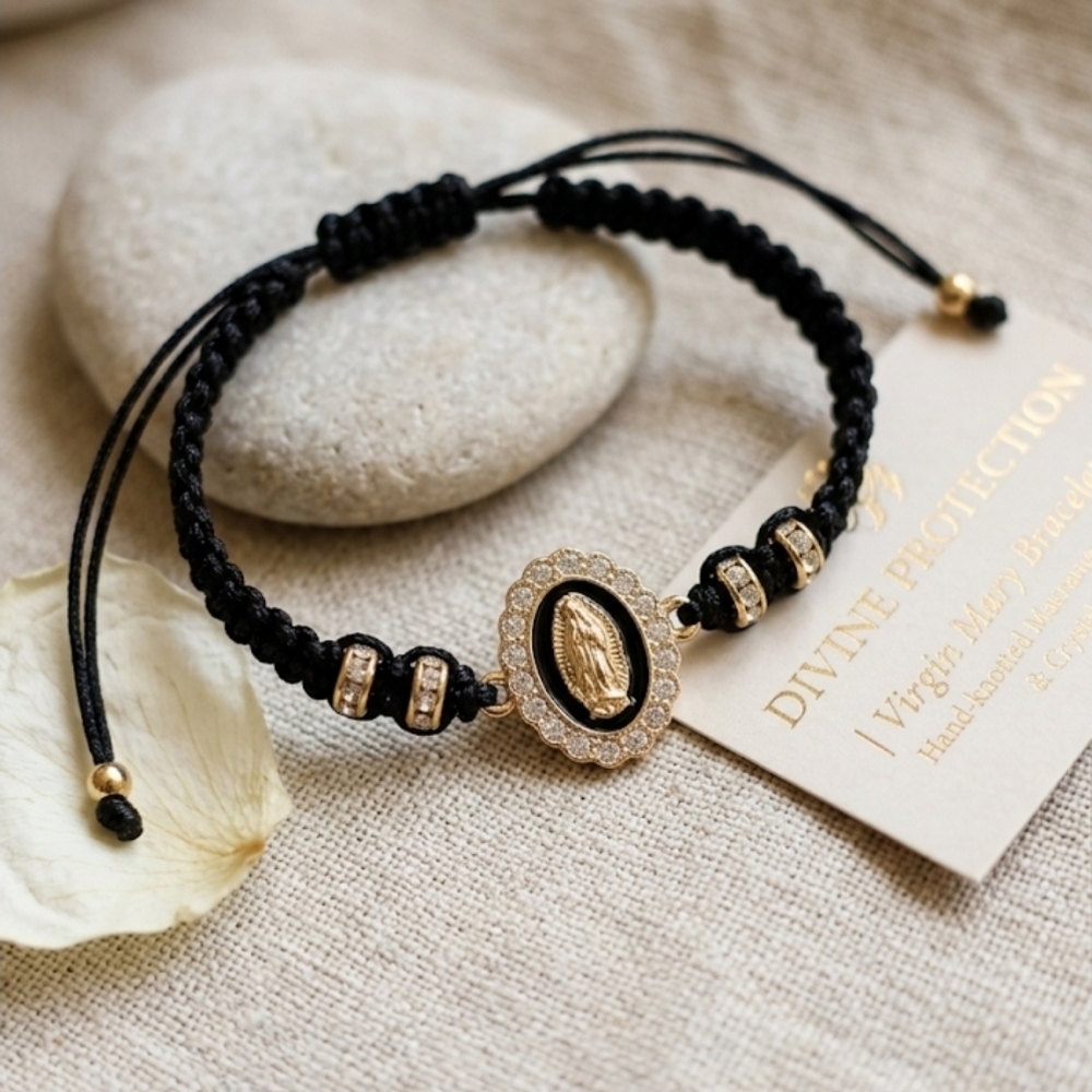 Divine Protection Black & Gold Virgin Mary Bracelet With 18k Gold Polish